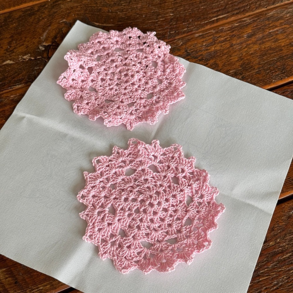 Handmade Pink Crochet Doilies Set of 2 Small 5" Lace Floral Coasters Coquette